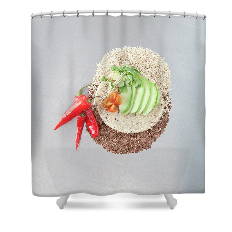 Flax Seed Shower Curtain featuring the photograph Sliced Avocado And Peppers With Grains by Laurie Castelli