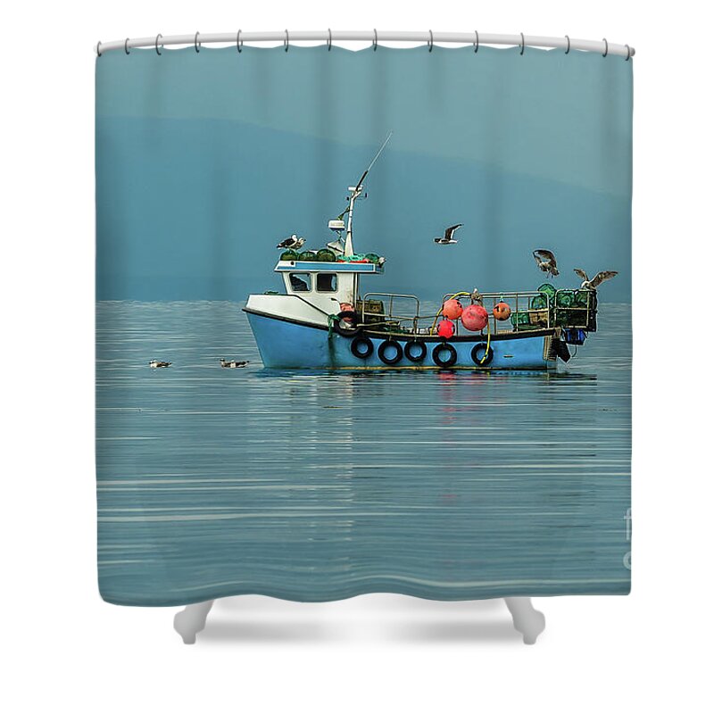 Animal Shower Curtain featuring the photograph Small Fishing Boat With Lobster Pods And Seagulls On Calm Atlantic In Front Of The Hebride Islands by Andreas Berthold