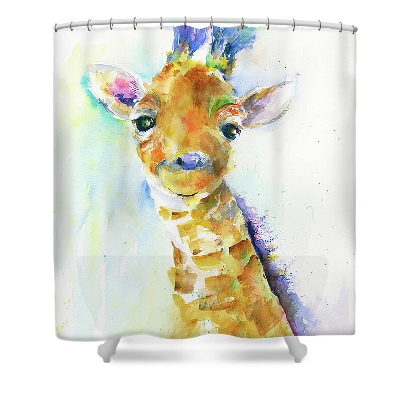 Baby Giraffe Shower Curtain featuring the painting Smiley Baby Giraffe by Christy Lemp