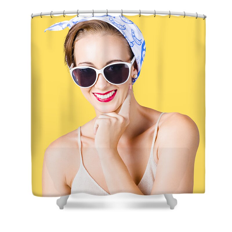 Pin-up Shower Curtain featuring the photograph Smiling pin-up girl by Jorgo Photography
