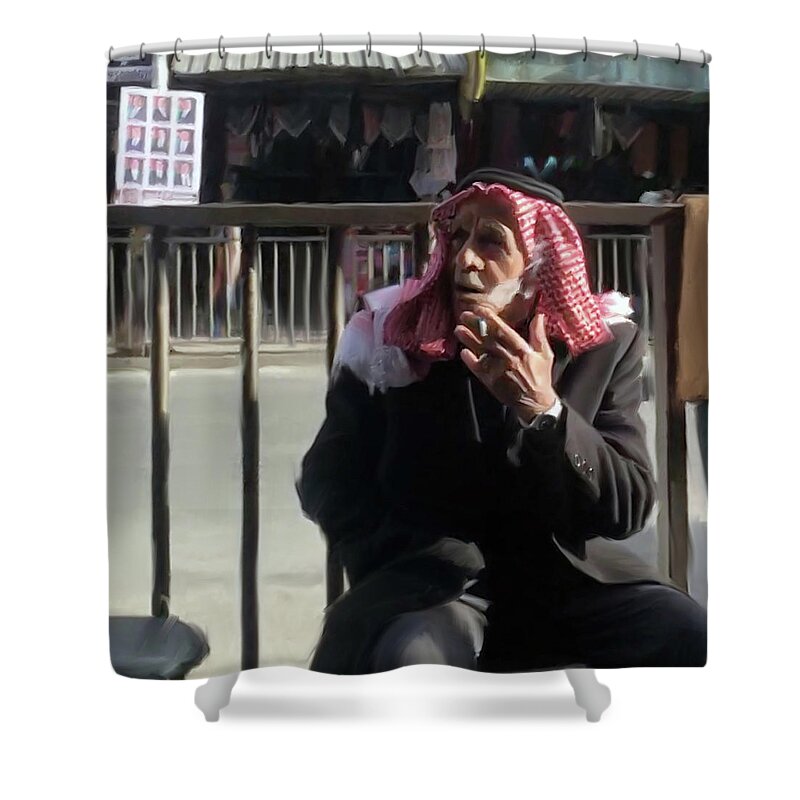 Street Photography Shower Curtain featuring the mixed media Smoke break in Amman by Jonathan Thompson