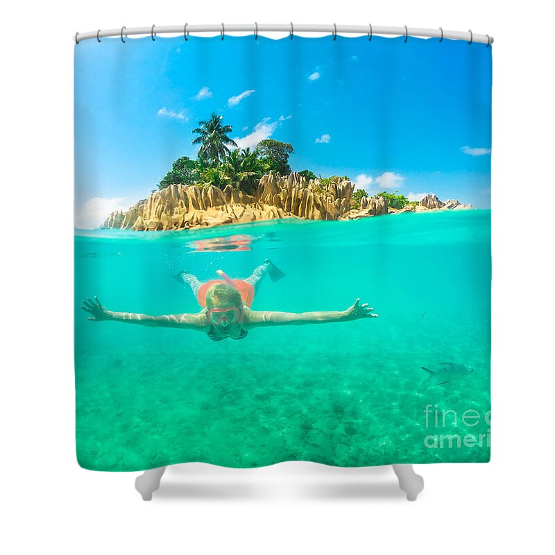 Snorkel Shower Curtain featuring the photograph Snorkel Seychelles split view by Benny Marty