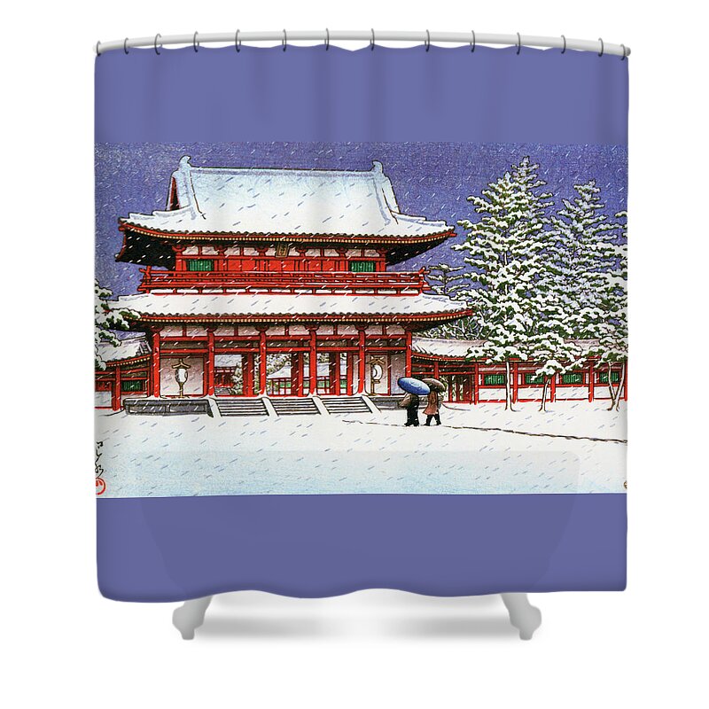 Kawase Hasui Shower Curtain featuring the painting Snow in the Heianjingu Shrine - Digital Remastered Edition by Kawase Hasui