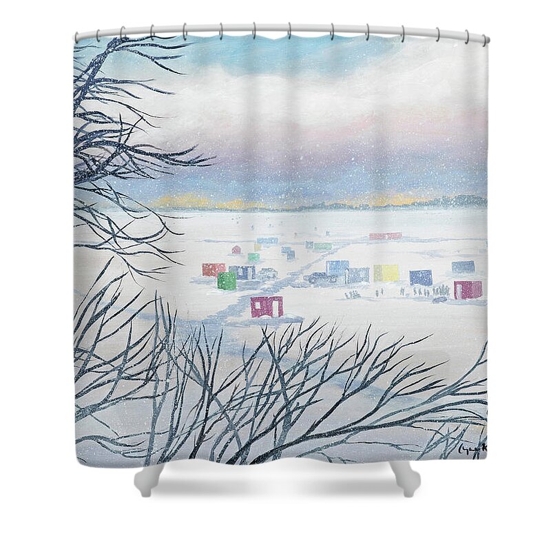 Acrylic Shower Curtain featuring the painting Snow Shower on the Winter Lake by Lynn Hansen