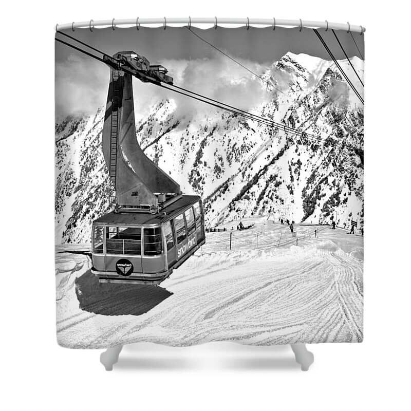 Snowbird Shower Curtain featuring the photograph Snowbird Blue Tram Shadow Black And White by Adam Jewell