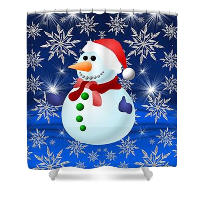 Snowman And Penguins In A Snowstorm Shower Curtain featuring the digital art Snowman and Penguins in a Snowstorm by Rose Santuci-Sofranko