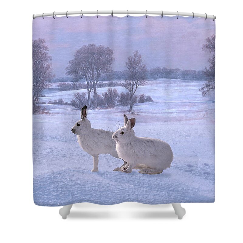 Hare Shower Curtain featuring the digital art Snowshoe Hares by M Spadecaller