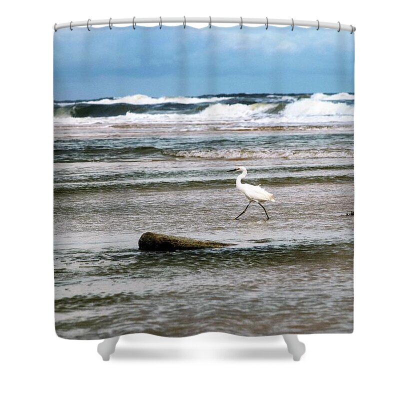 Snowy Egret Shower Curtain featuring the photograph Snowy Egret Braving the Surf by Mary Ann Artz