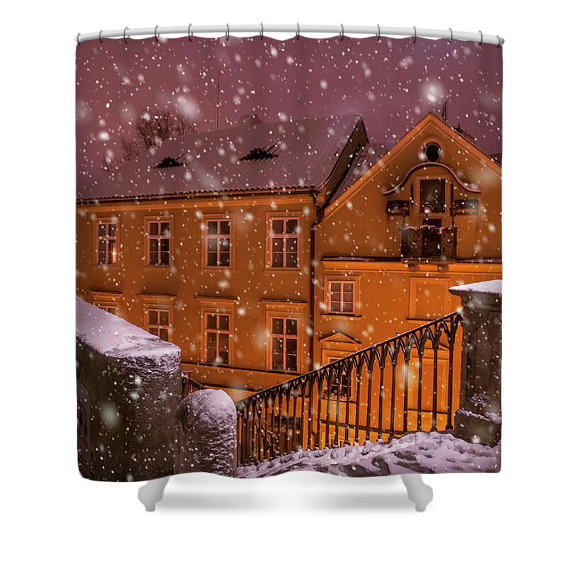 Jenny Rainbow Fine Art Photography Shower Curtain featuring the photograph Snowy Prague. House with St. Mary Painting by Jenny Rainbow