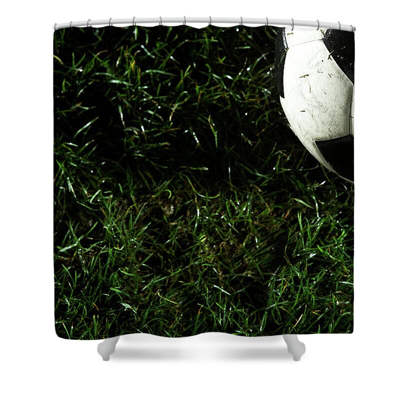 Grass Shower Curtain featuring the photograph Soccer Ball In Grass by Thomas Northcut
