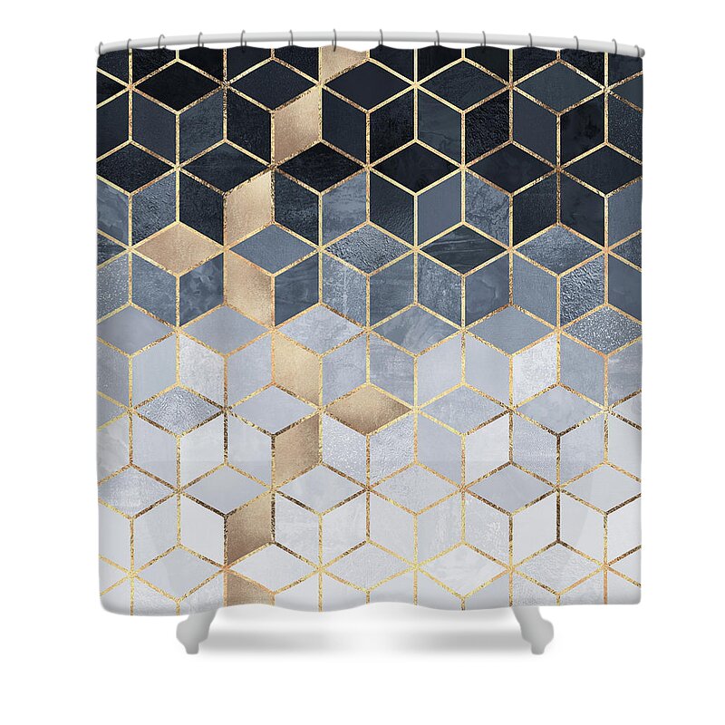 #faatoppicks Shower Curtain featuring the digital art Soft Blue Gradient Cubes by Elisabeth Fredriksson