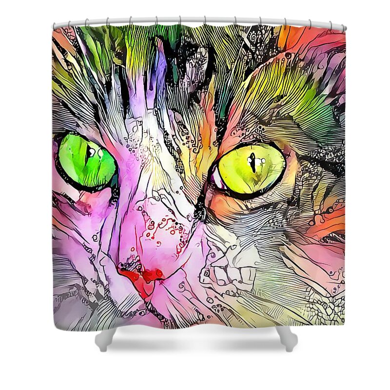 Green Shower Curtain featuring the digital art Sophisticated Kitty Colors Green Eye by Don Northup