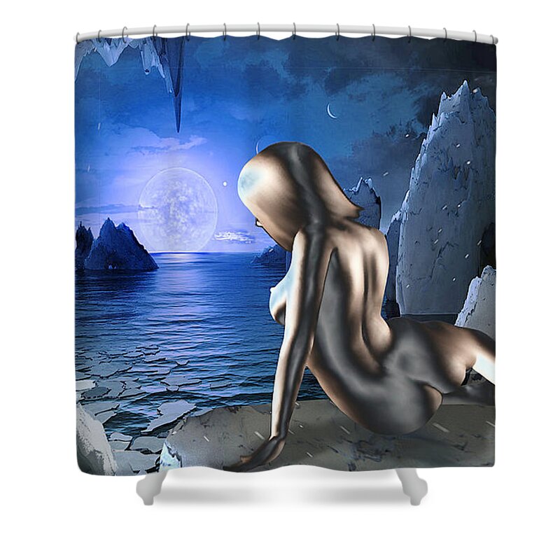 Female Goddess Nudes Paintings Figures Figurative ‎art‬‬ ‎fineart ‎painting‬ Prints ‬#‎grlfineart Blue White Ice Worlds Galaxies Shower Curtain featuring the digital art Space Fantasy Goddess Galaxy Ice Worlds Multimedia Digital Artwork by G Linsenmayer
