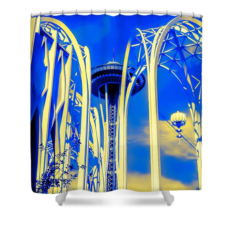 Space Needle Shower Curtain featuring the photograph Space Needle Blue and Yellow by Cathy Anderson