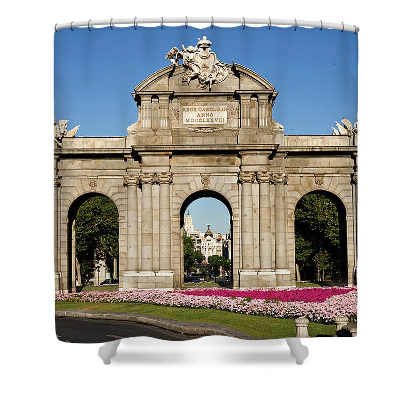 Arch Shower Curtain featuring the photograph Spain Monument, Madrid by Syldavia