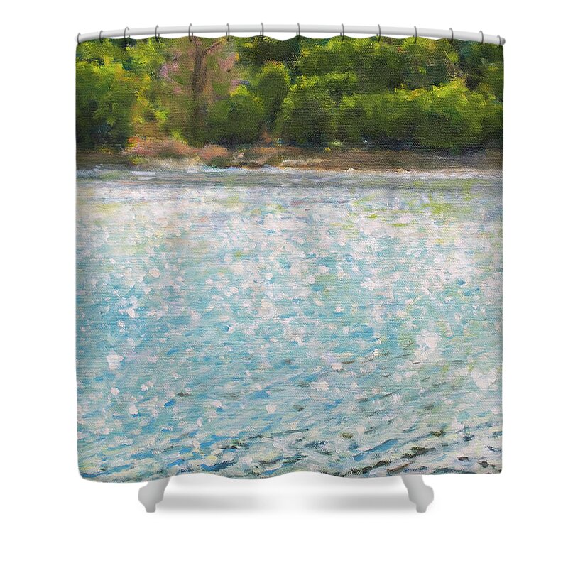 Landscape Shower Curtain featuring the painting Sparkles On Water by Kerima Swain