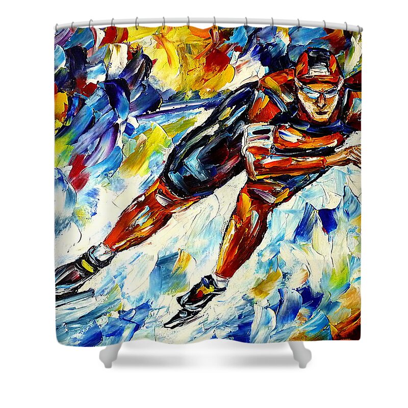 I Love Speed Skating Shower Curtain featuring the painting Speed Skater by Mirek Kuzniar
