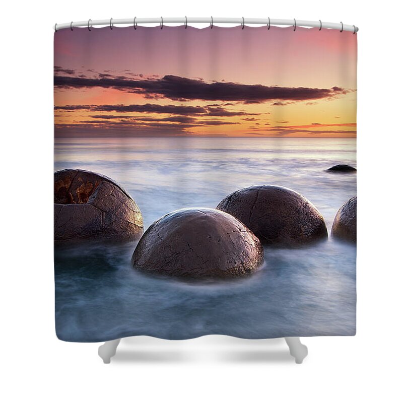 Tranquility Shower Curtain featuring the photograph Spherical Boulders In The Sea At Sunrise by Christopher Chan