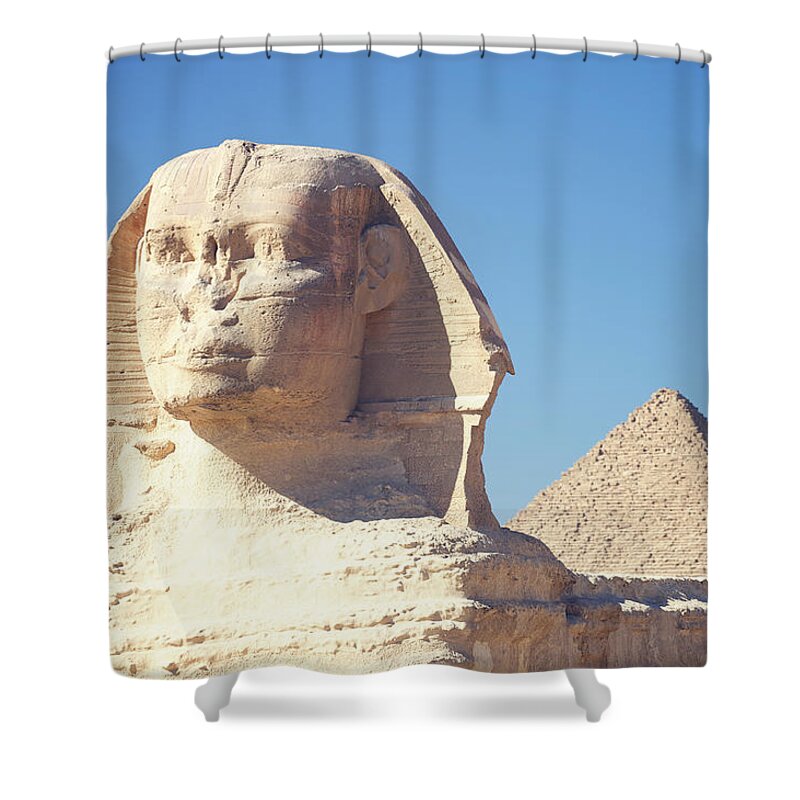 Statue Shower Curtain featuring the photograph Sphinx With Great Pyramid Giza Egypt by Peskymonkey