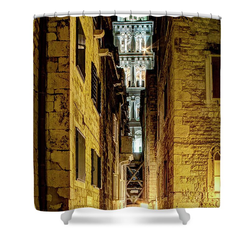 Split Cathedral Shower Curtain featuring the photograph Split Cathedral from the temple of Jupiter at night Croatia by Weston Westmoreland