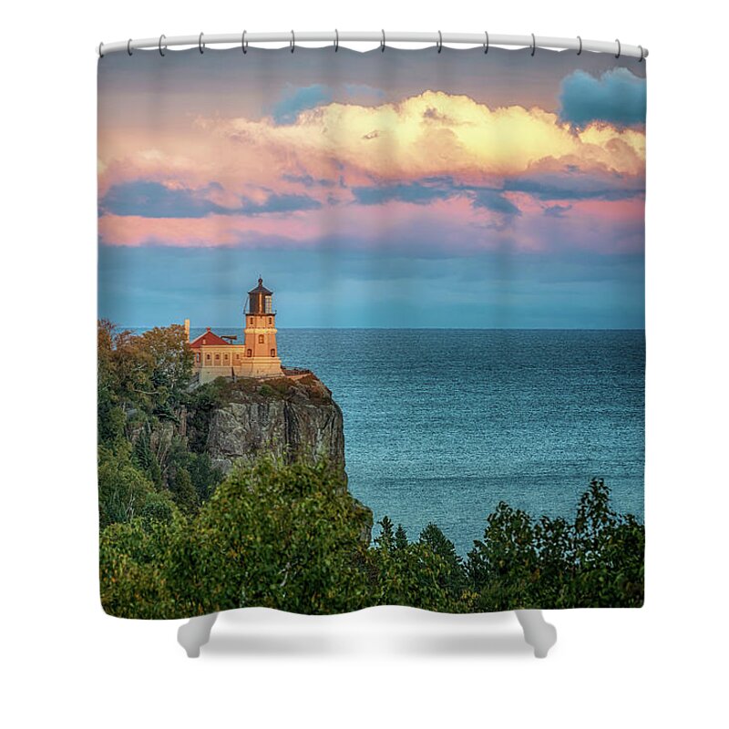 Lighthouse Shower Curtain featuring the photograph Split Rock Lighthouse at Sunset by Susan Rissi Tregoning