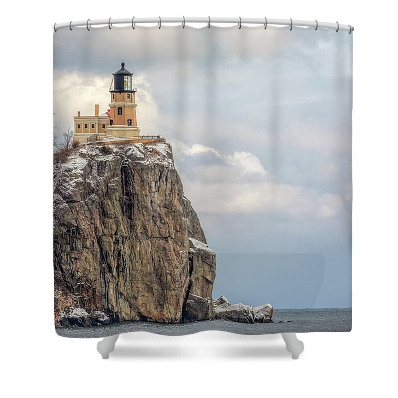 Lighthouse Shower Curtain featuring the photograph Split Rock Lighthouse Lightly Flocked by Susan Rissi Tregoning
