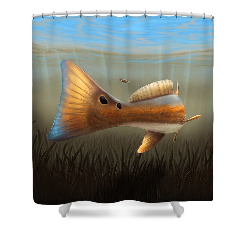 Redfish Shower Curtain featuring the digital art Spoon Fed by Kevin Putman