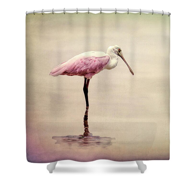 Spoonbill Shower Curtain featuring the mixed media Spoonbill Pink by Rosalie Scanlon