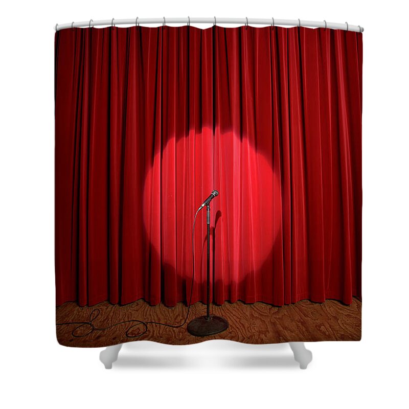 Microphone Stand Shower Curtain featuring the photograph Spotlight On Microphone Stand On Stage by Adam Taylor