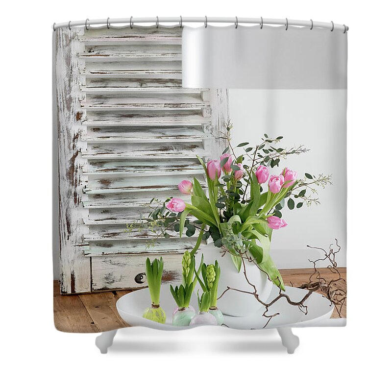 Ip_12575350 Shower Curtain featuring the photograph Spring Arrangement Of Tulips In Spherical Vase And Hyacinths With Waxed Bulbs by Astrid Algermissen