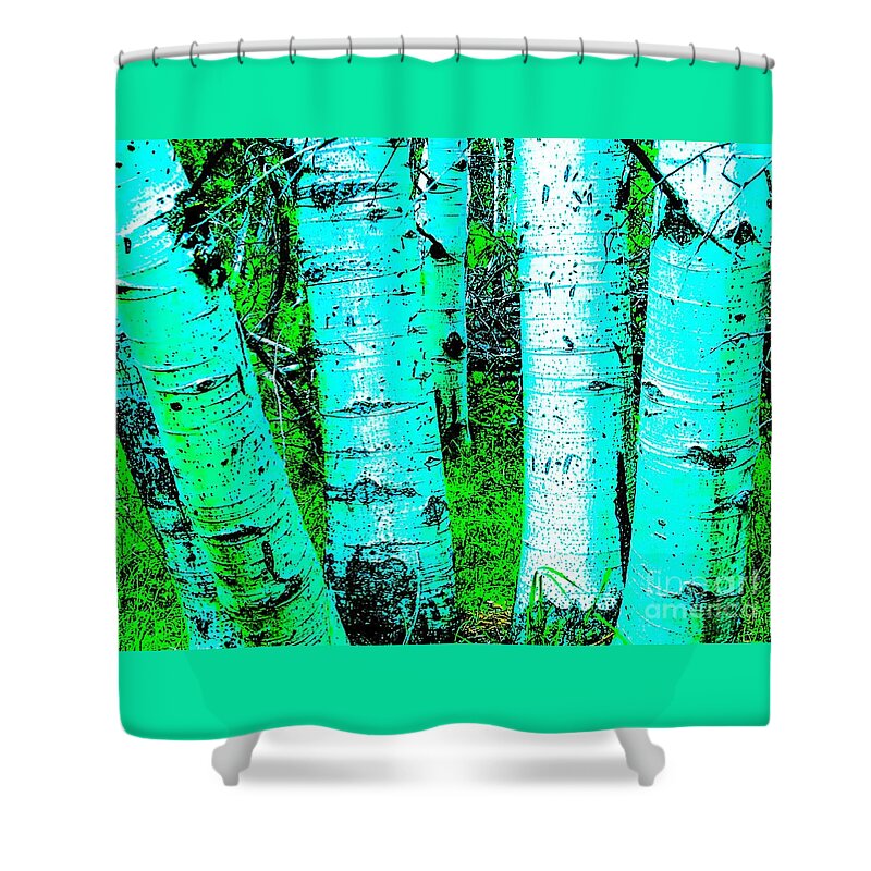 Aspens/trees/spring/simmer/blue/green/white/interior/forest/ Shower Curtain featuring the mixed media Spring Aspens by Jennifer Lake