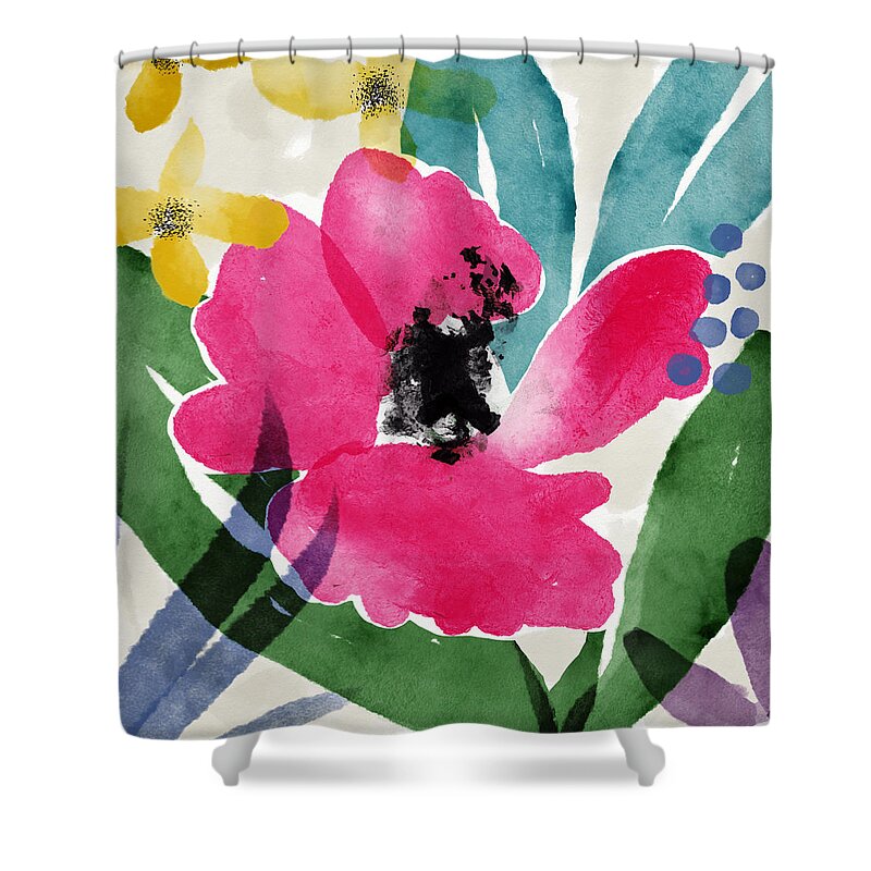 Garden Shower Curtain featuring the mixed media Spring Garden Pink- Floral Art by Linda Woods by Linda Woods
