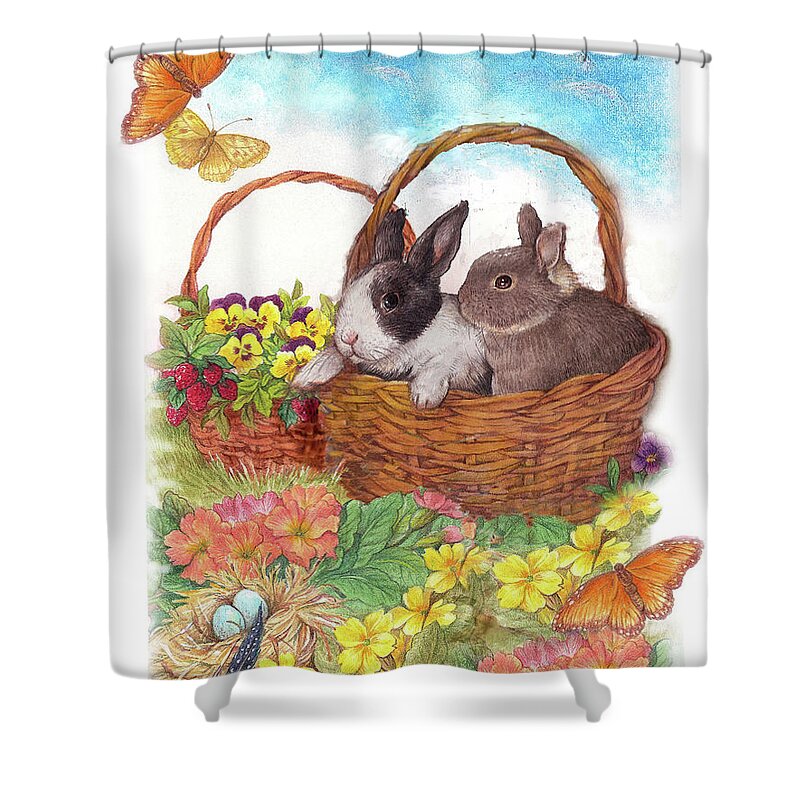 Illustrated Spring Garden Shower Curtain featuring the painting Spring Garden with Bunnies, Butterfly by Judith Cheng