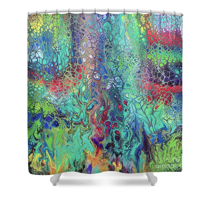 Poured Acrylic Shower Curtain featuring the painting Spring Rush by Lucy Arnold