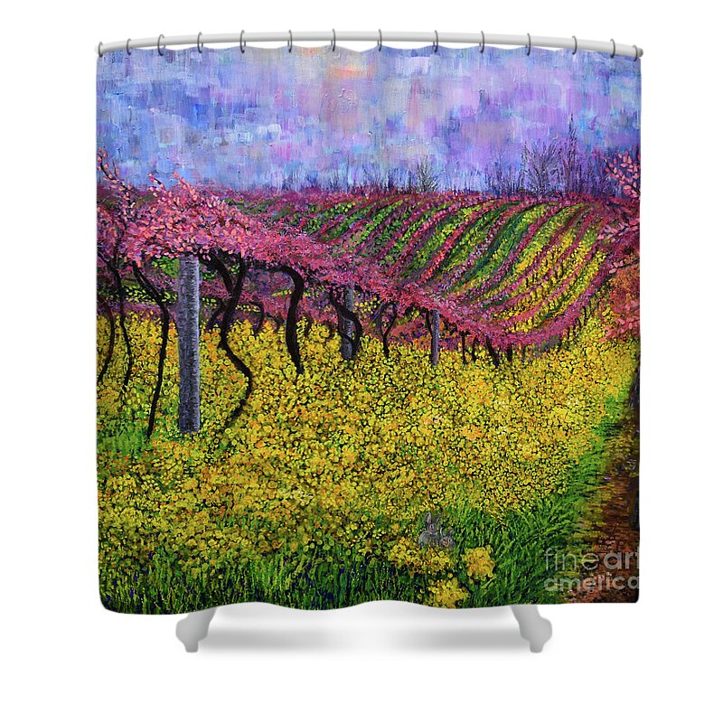 Landscape Shower Curtain featuring the painting Spring Vineyard by Anne Cameron Cutri
