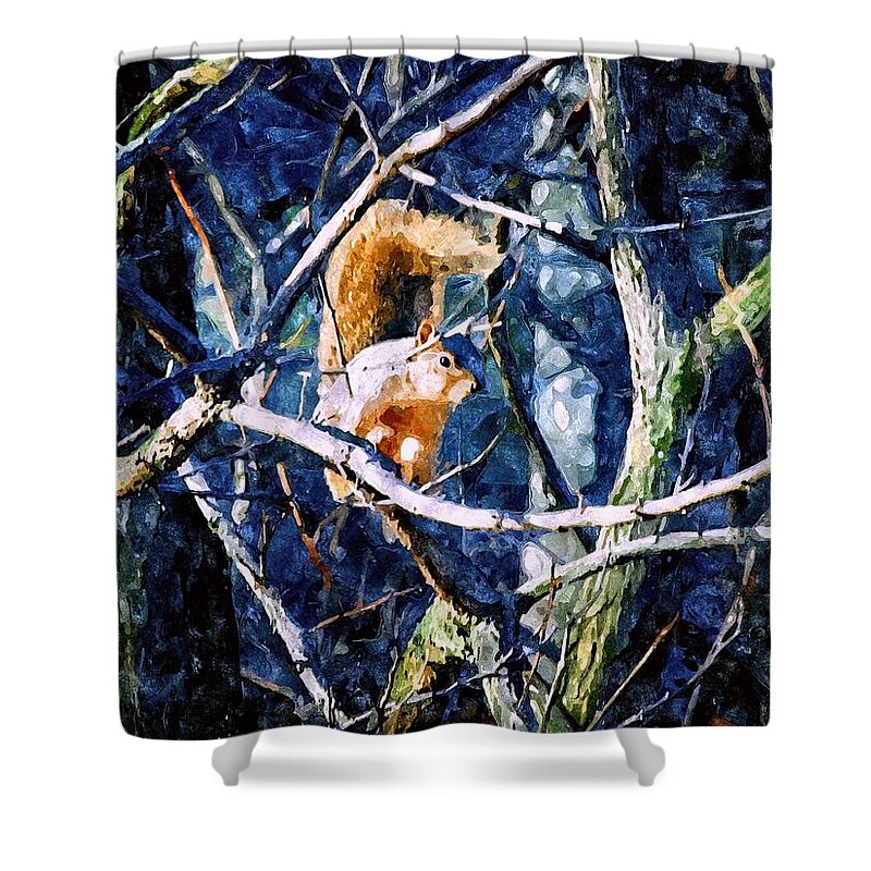 Squirrel Shower Curtain featuring the mixed media Squirrel in the Trees by Christopher Reed