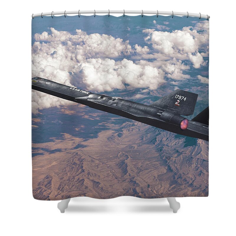 Sr-71 Blackbird Shower Curtain featuring the mixed media SR-71A Blackbird Mission by Erik Simonsen