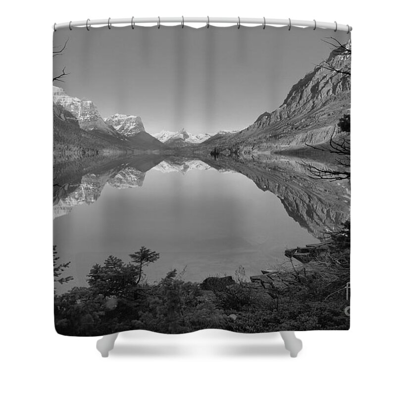 St Mary Shower Curtain featuring the photograph St. Mary Sunrise Through The Trees Black And White by Adam Jewell