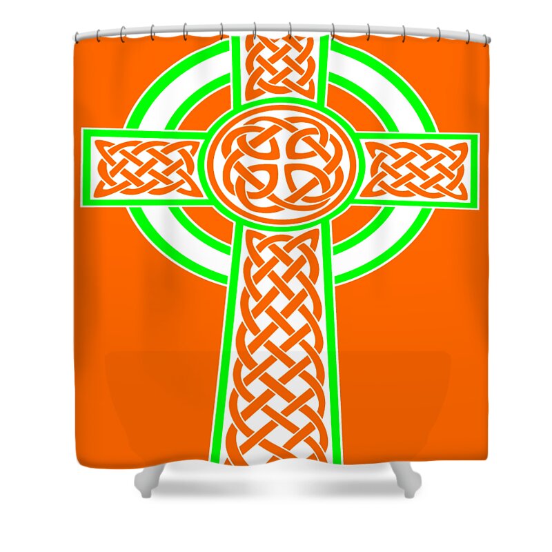 Celtic Cross Shower Curtain featuring the digital art St Patrick's Day Celtic Cross White and Green by Taiche Acrylic Art