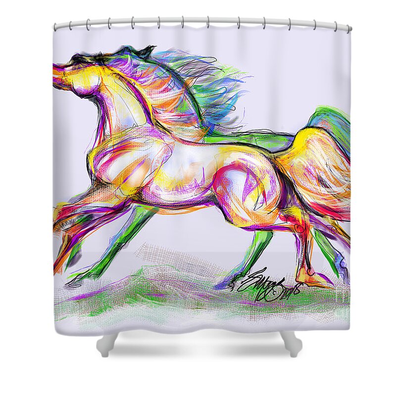 Equine Artist Stacey Mayer Shower Curtain featuring the digital art Crayon Bright Horses by Stacey Mayer