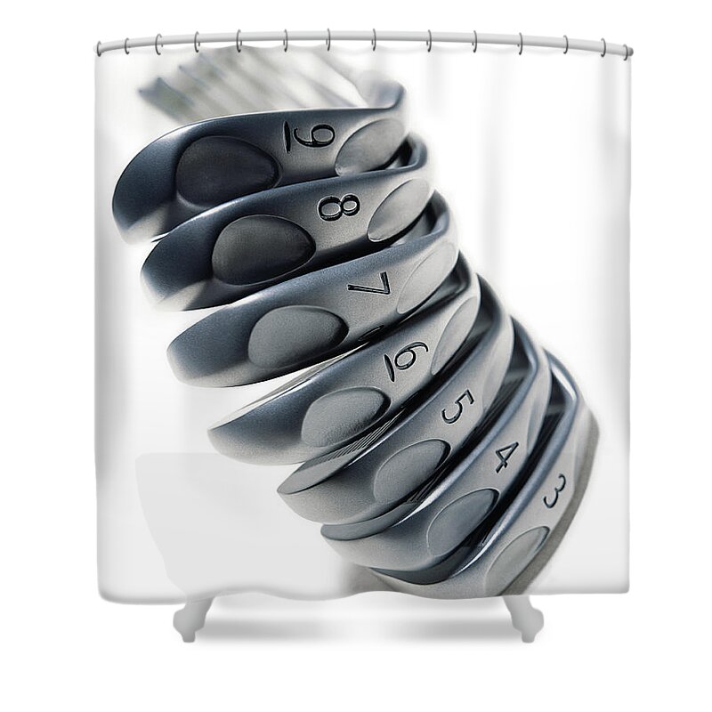 White Background Shower Curtain featuring the photograph Stack Of Golf Irons, Close-up by Mark Weiss