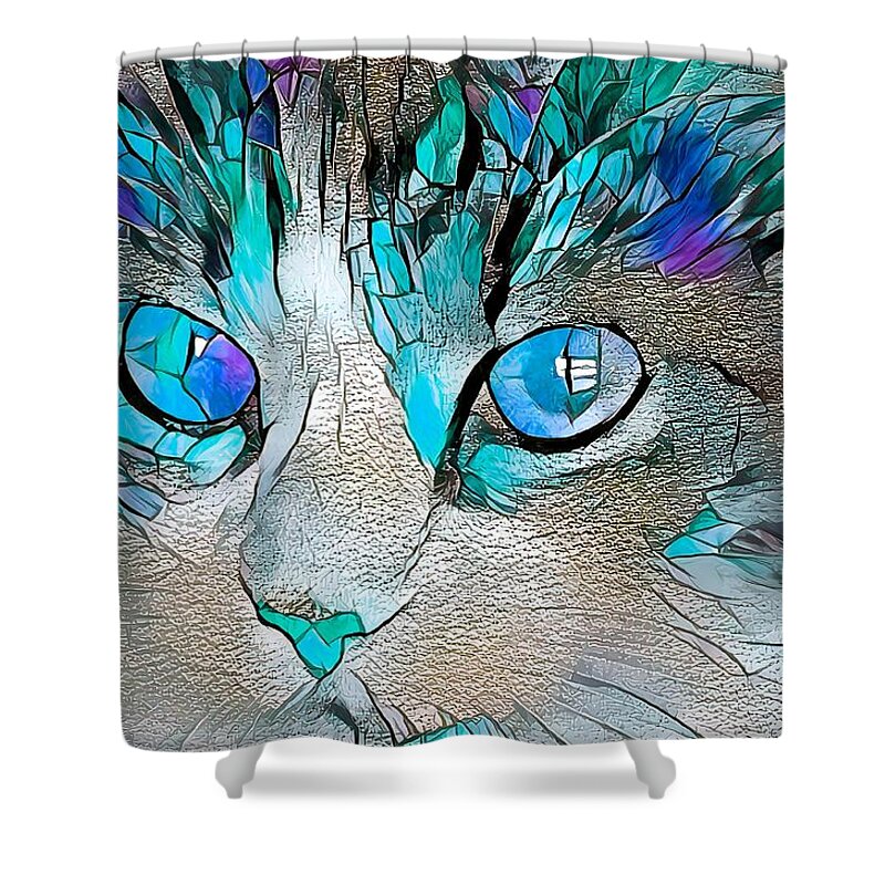 Glass Shower Curtain featuring the digital art Stained Glass Cat Portrait Light Blue by Don Northup