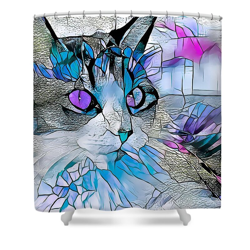 Glass Shower Curtain featuring the digital art Stained Glass Cat Profile Blue by Don Northup