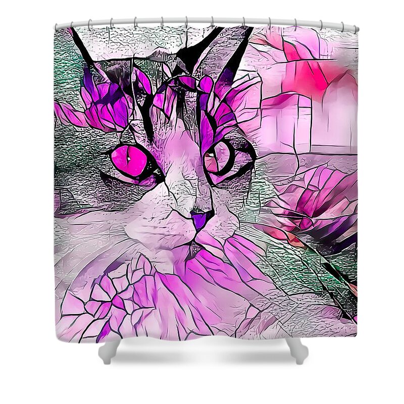 Glass Shower Curtain featuring the digital art Stained Glass Cat Profile Purple by Don Northup