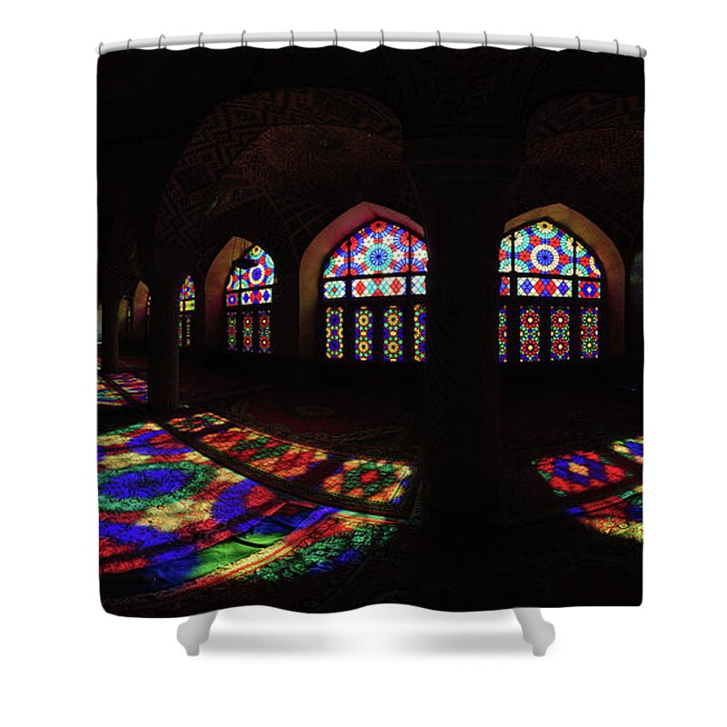 Arch Shower Curtain featuring the photograph Stained Glass Windows In A Monastery by Omid Jafarnezhad