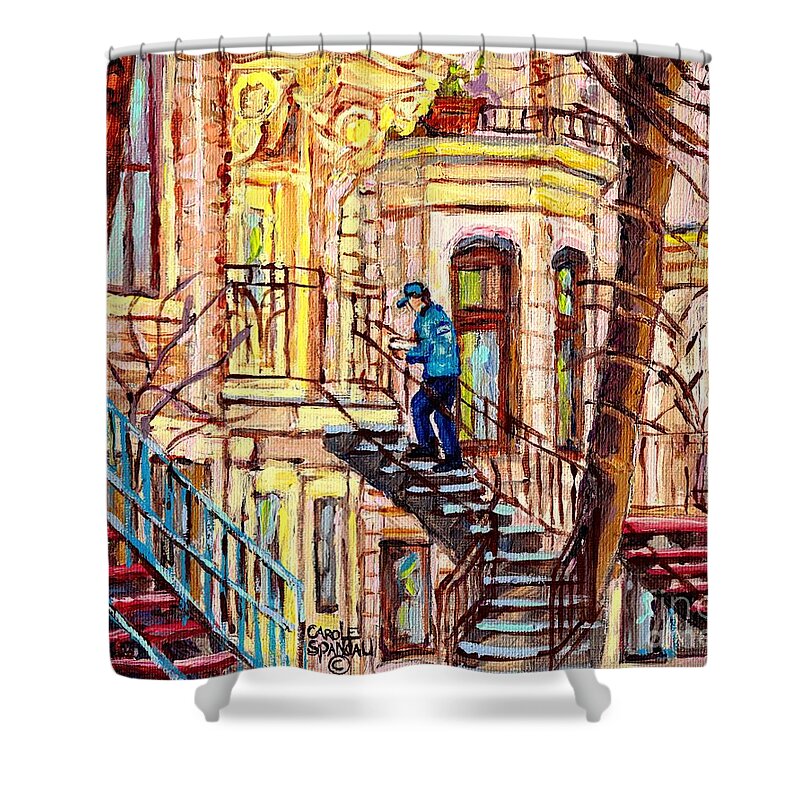 Montreal Shower Curtain featuring the painting Staircase Street Scene Montreal Winding Staircases C Spandau The Mailman Plateau To Verdun Steps Art by Carole Spandau