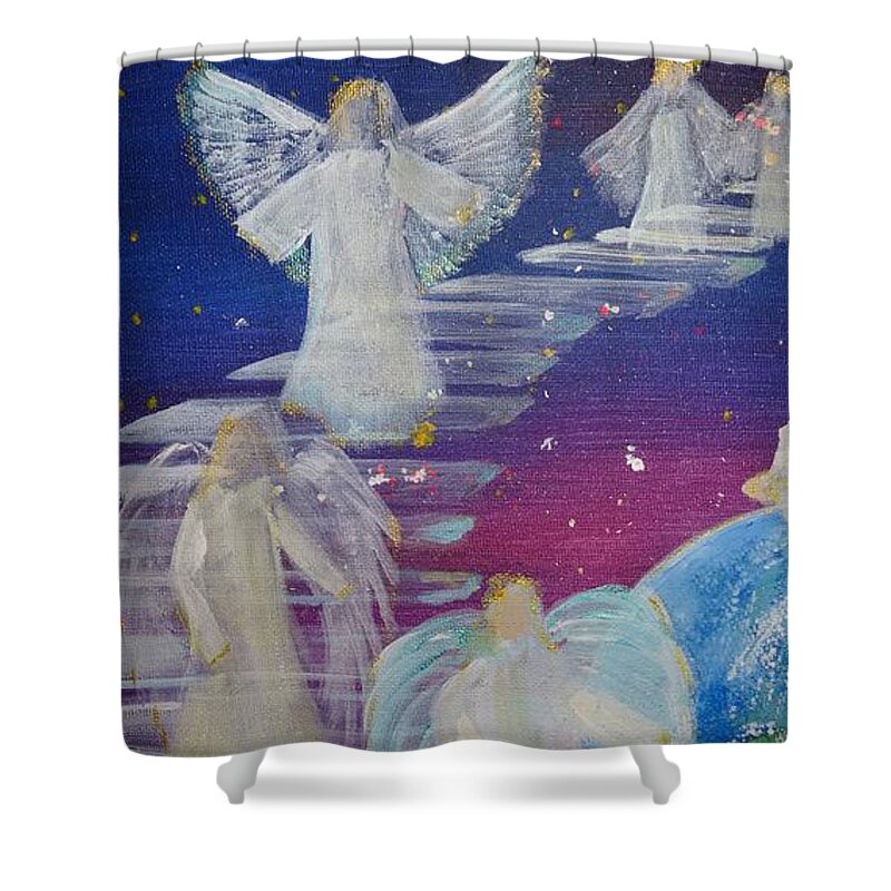 Angels Stairway Shower Curtain featuring the painting Stairway to Heaven by Karen Jane Jones
