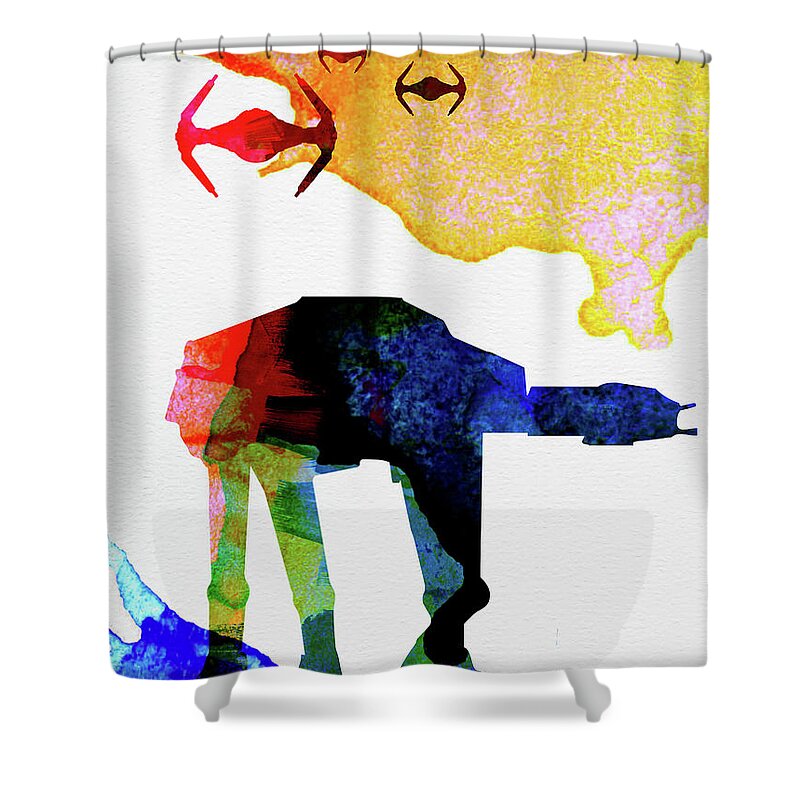 At-at Shower Curtain featuring the mixed media Star Ground Warrior Watercolor by Naxart Studio