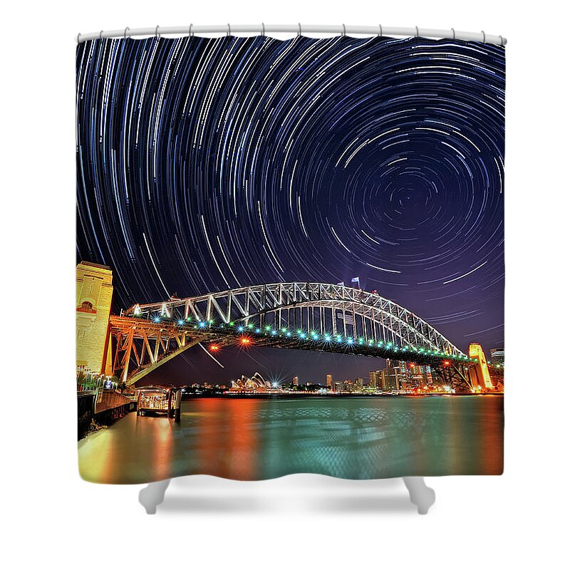 Sydney Harbor Bridge Shower Curtain featuring the photograph Star-trail Over Sydney by Atomiczen