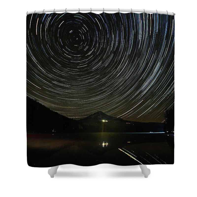 Scenics Shower Curtain featuring the photograph Star Trails Over Mount Hood At Trillium by Jpldesigns